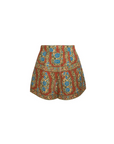 A pair of high-waisted, tiered shorts featuring an intricate paisley and floral pattern in rust red, blue, green, and gold, set against a plain white background.