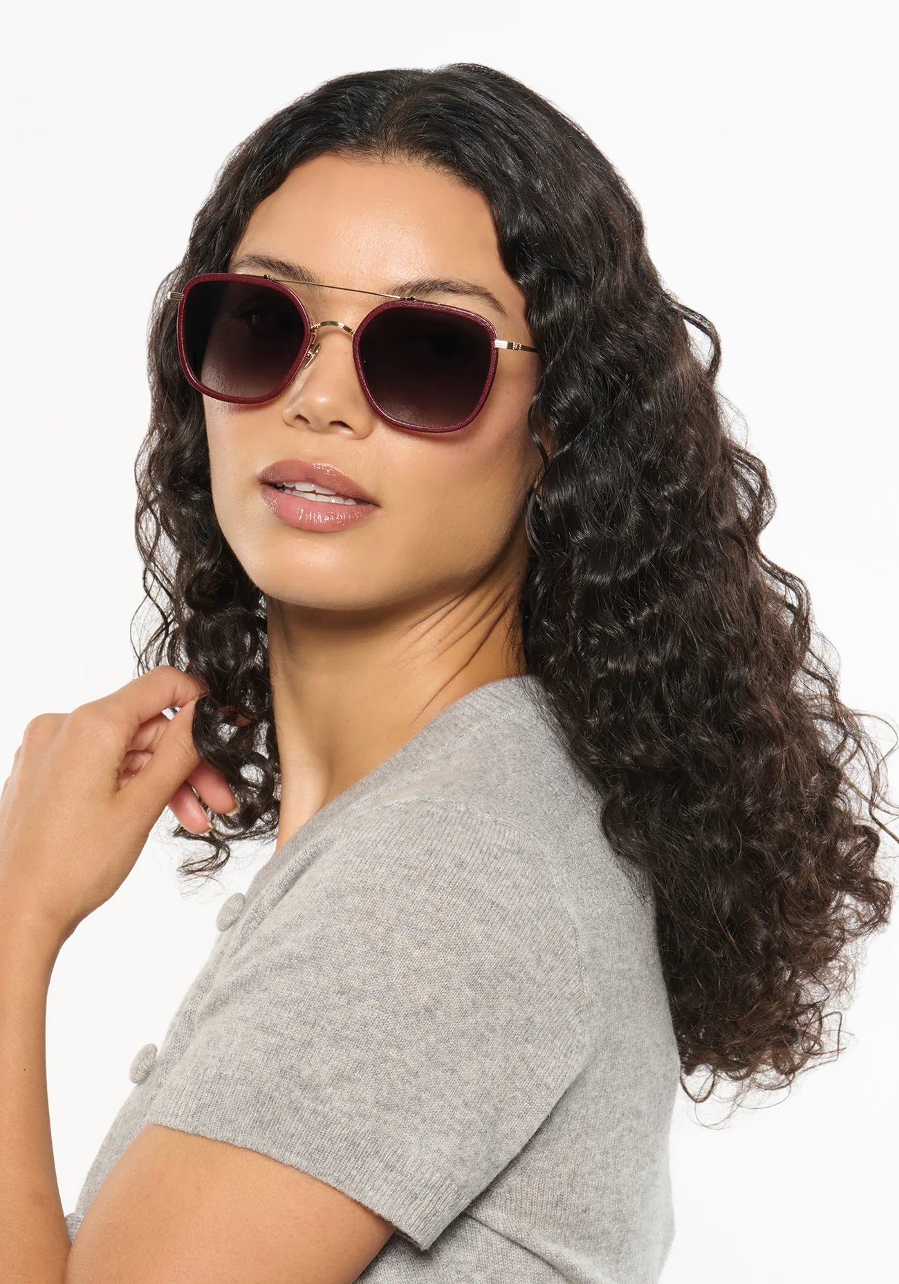 Austin 12K Titanium + Burgundy Leather Sunglasses on model with average, square face shape
