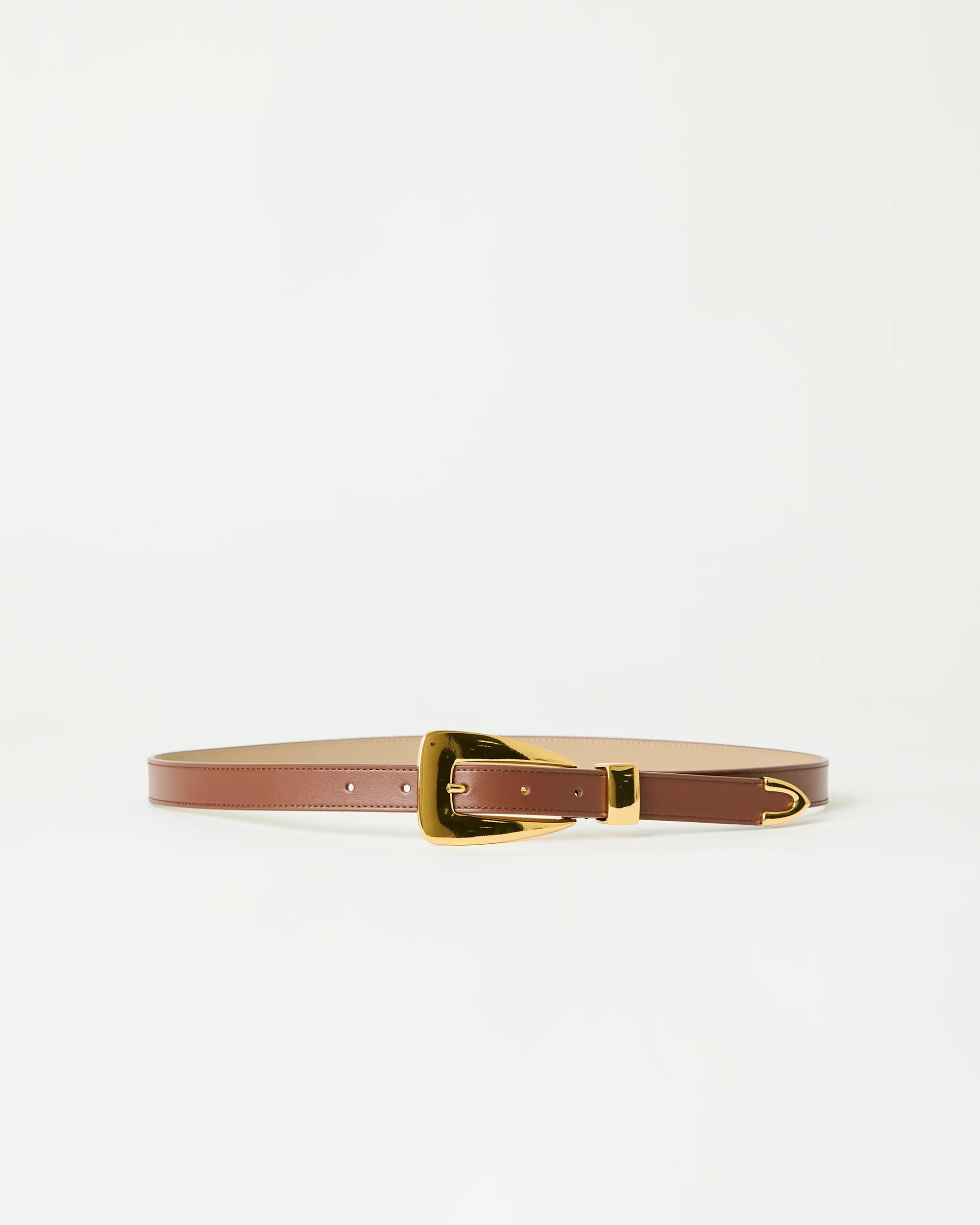 A slim brown leather belt with a polished gold-tone buckle, displayed horizontally against a clean white background.