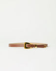 A slim brown leather belt with a polished gold-tone buckle, displayed horizontally against a clean white background.