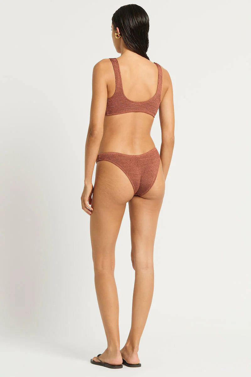 Model size XS wearing Malibu 2.0 Crop in Fawn Shimmer and Sign Brief in Fawn Shimmer, back