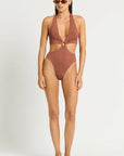 Model size XS wearing Celeste One Piece in Fawn Shimmer, front