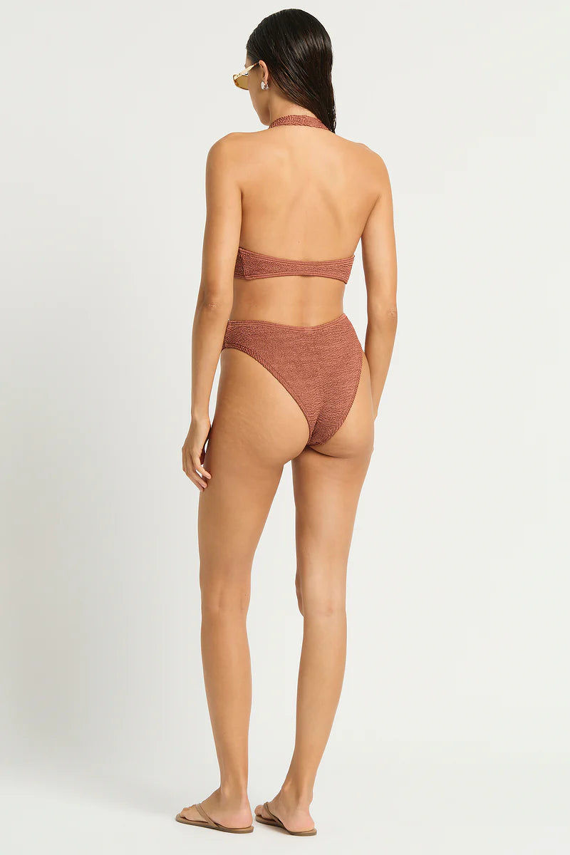 Model size XS wearing size Celeste One Piece in Fawn Shimmer, back
