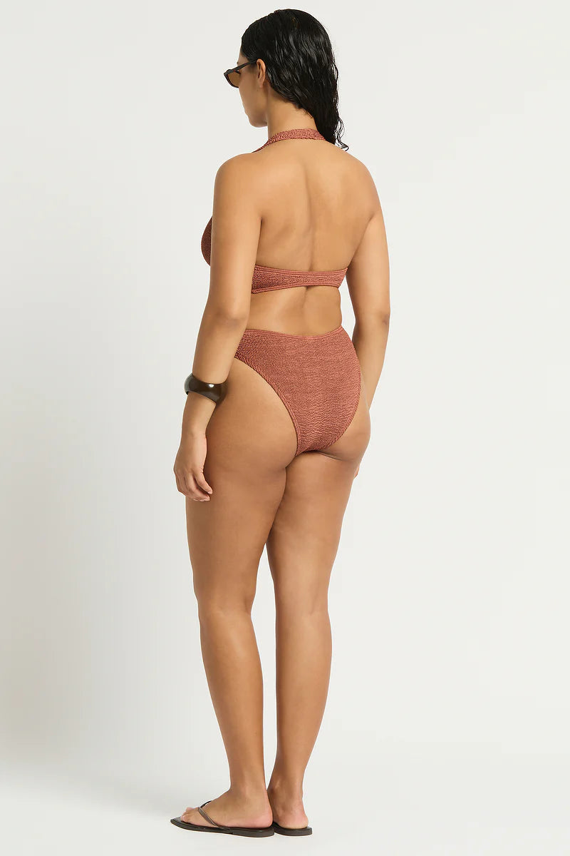 Model size M wearing Celeste One Piece in Fawn Shimmer, back