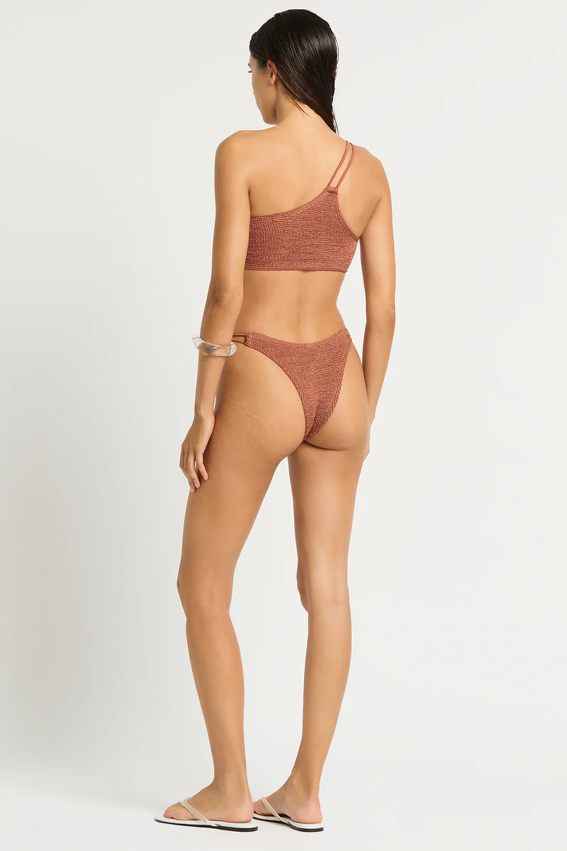 Model size XS wearing Lotus Crop in Fawn Shimmer, back