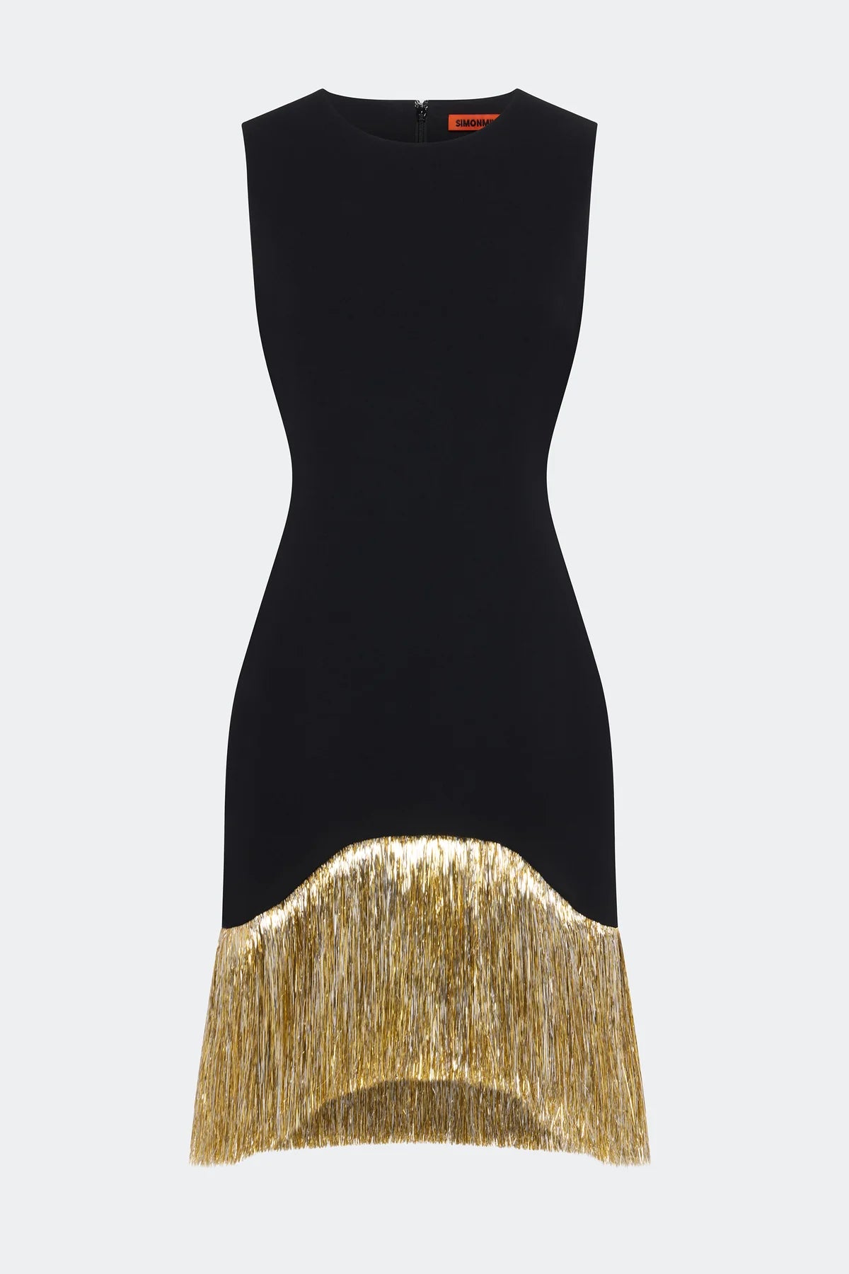 A sleeveless black knit dress with a metallic gold fringe hem, shown against a light gray background.