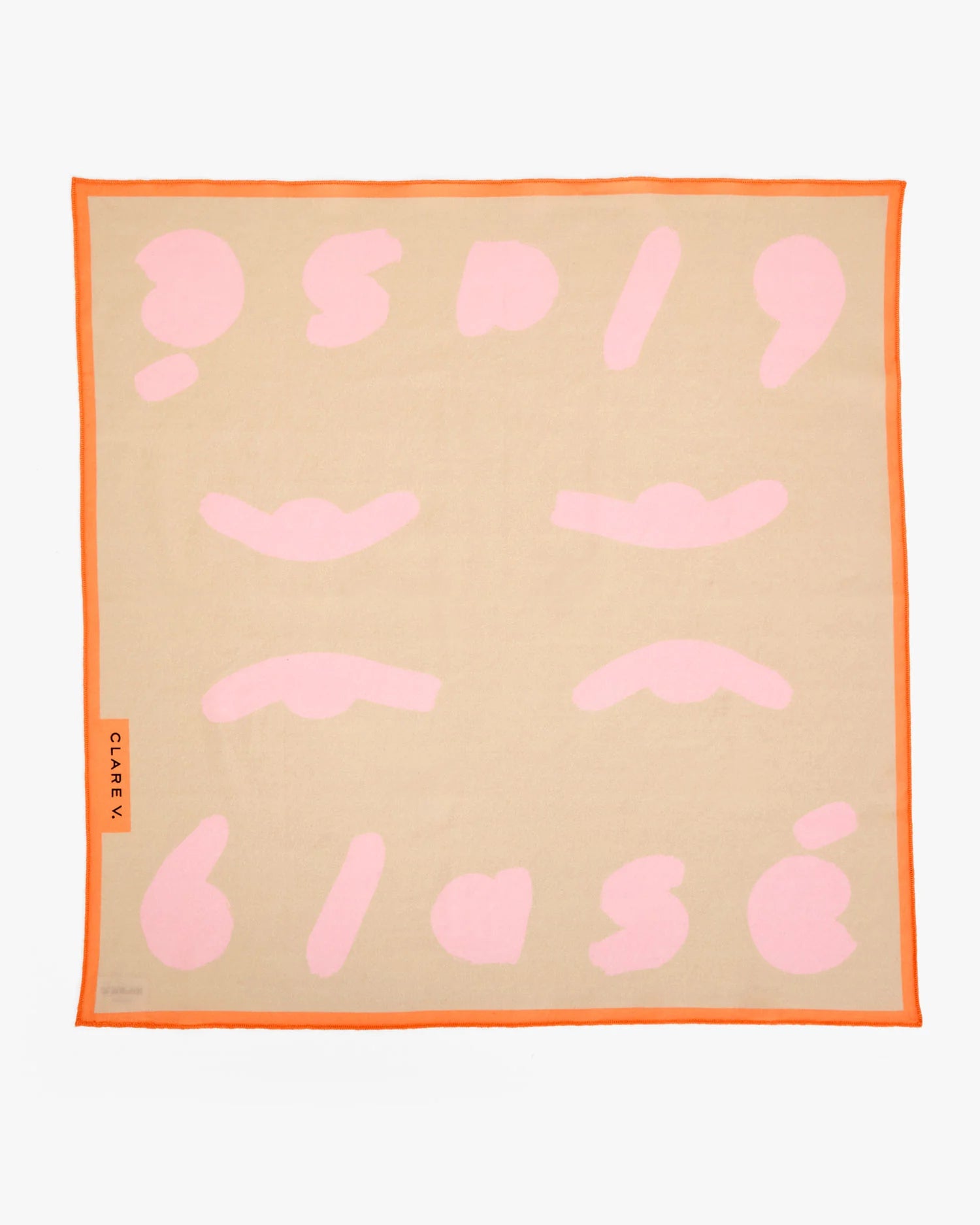 Beige square scarf with pink abstract patterns and orange border on a white background