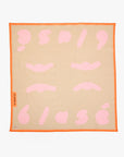 Beige square scarf with pink abstract patterns and orange border on a white background