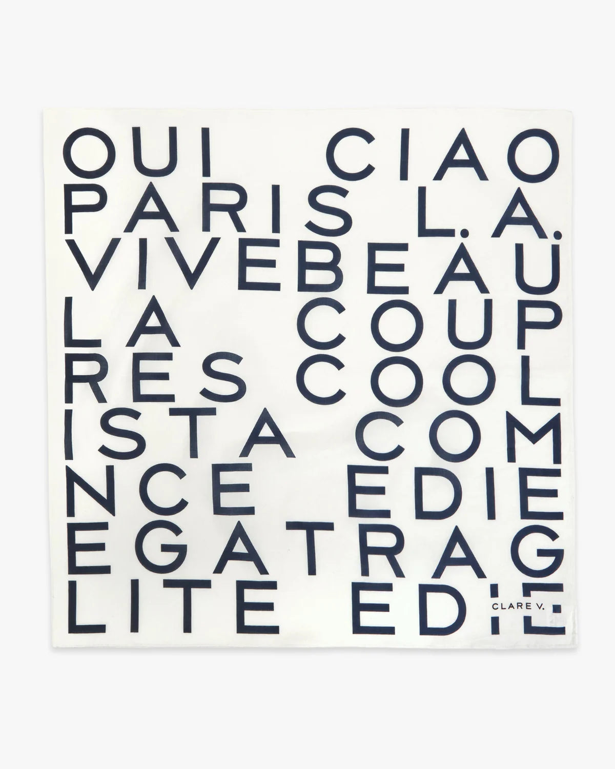 a white scarf with navy blue graphic lettering, photographed against a solid white background