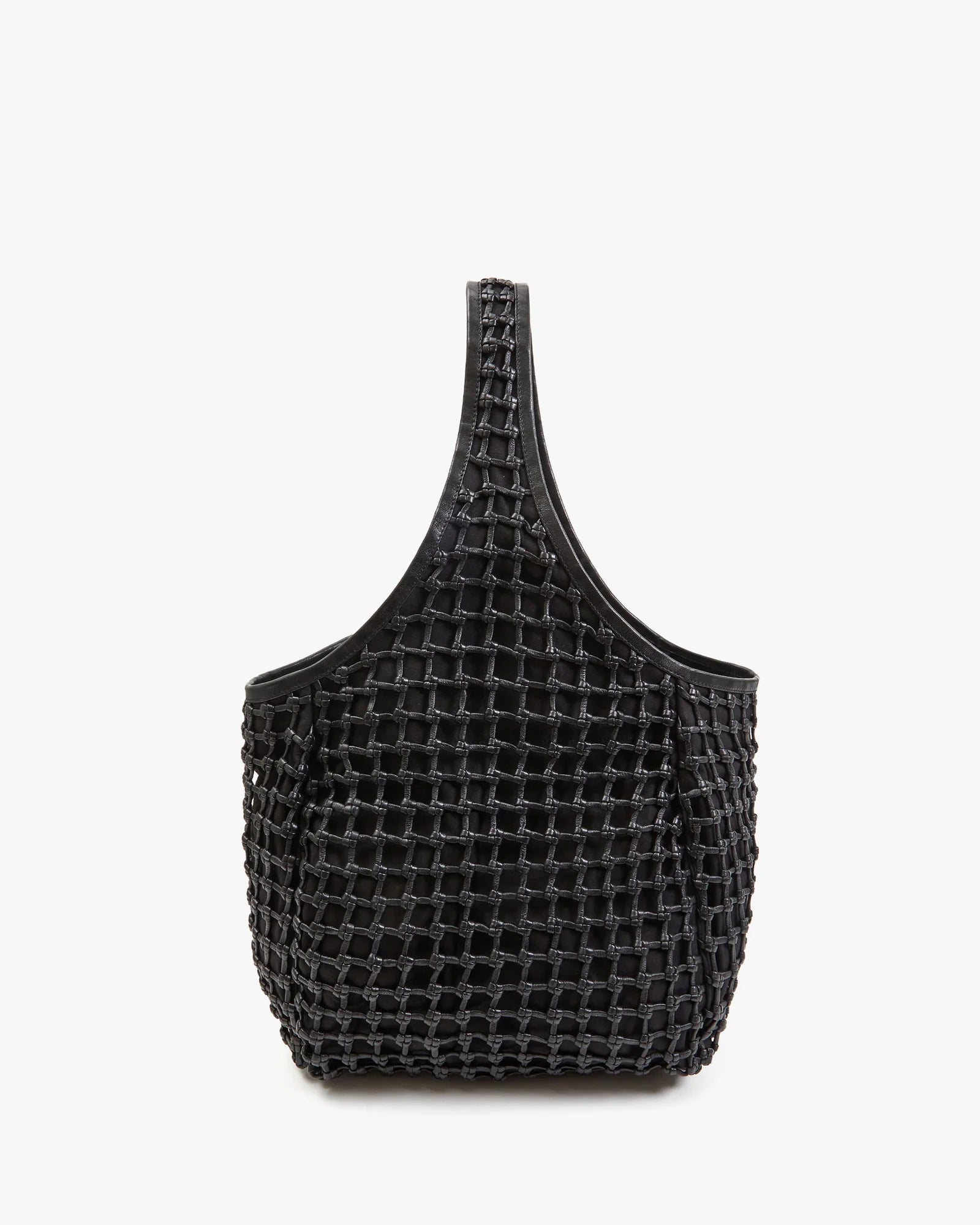 Black woven handbag on a white background