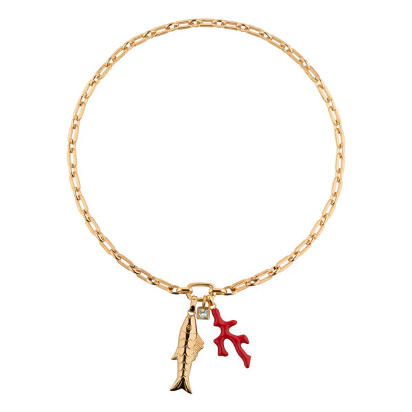 Gold chain bracelet with a red starfish and gold feather charm on a white background