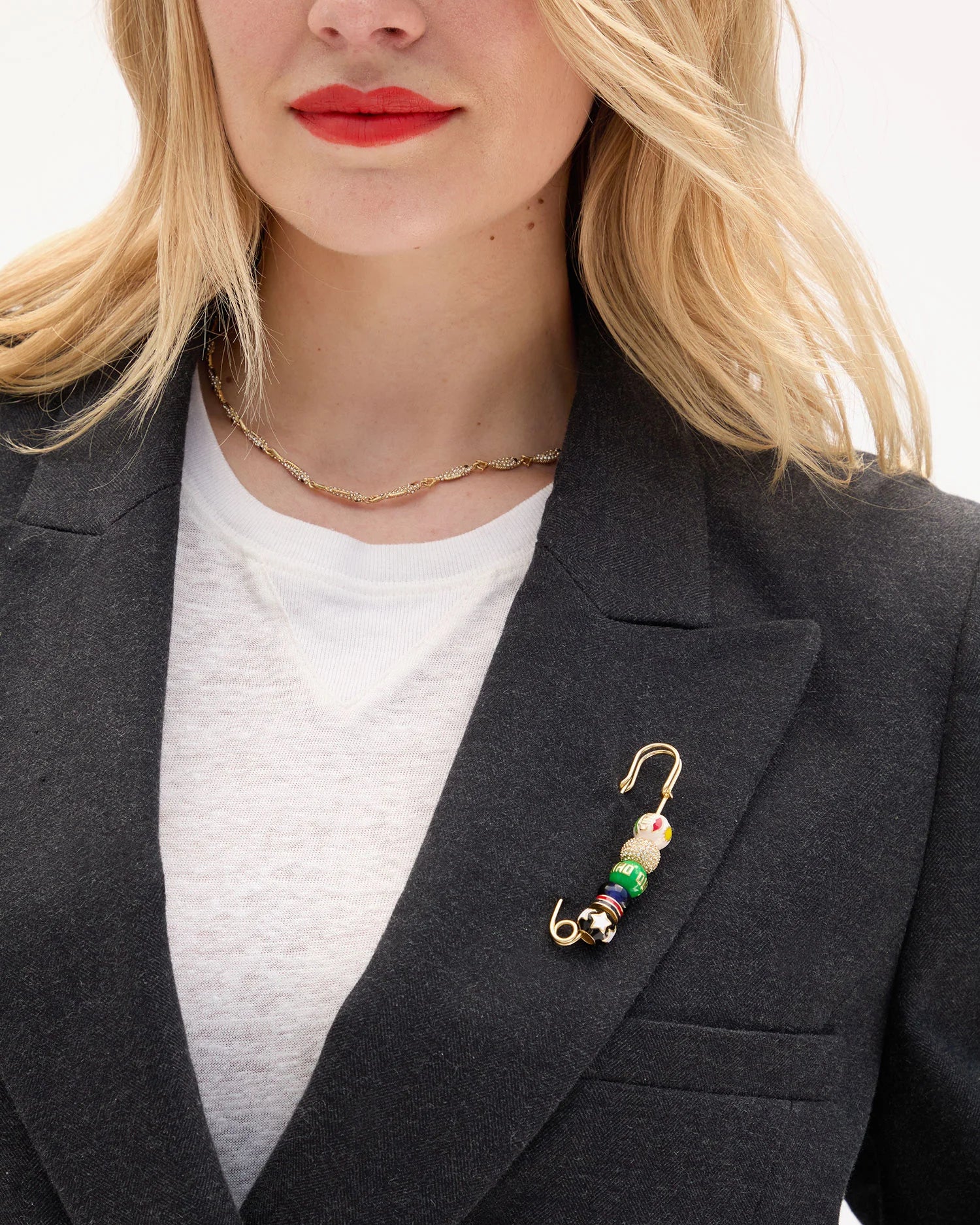Beaded Blazer Pin on blazer