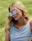Beau Nylon Sunglasses Powder Blue 18K Mirrored on model with average, heart face shape
