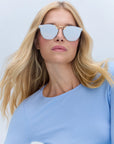 Beau Nylon Sunglasses Powder Blue 18K Mirrored on model with average, oval face shape
