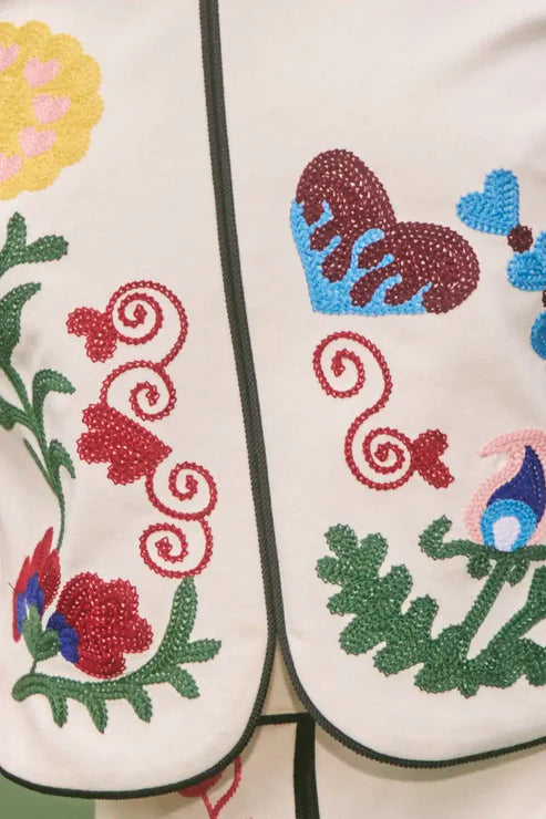 embroidered shirt fabric with colorful floral designs on a white background