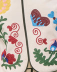 embroidered shirt fabric with colorful floral designs on a white background