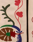 Close-up of embroidered fabric with floral patterns on a beige background