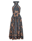 A halter-neck maxi dress with a black base and a detailed paisley and floral block print in rust orange and cream, shown against a plain white background.