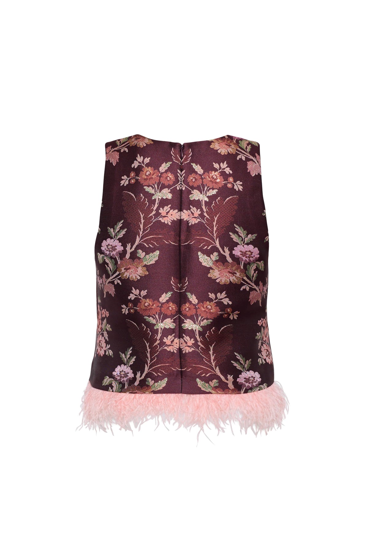 A sleeveless dark burgundy vest featuring an intricate floral brocade pattern in pink, green, and gold, finished with a light pink feather-trimmed hem, shown against a plain white background.