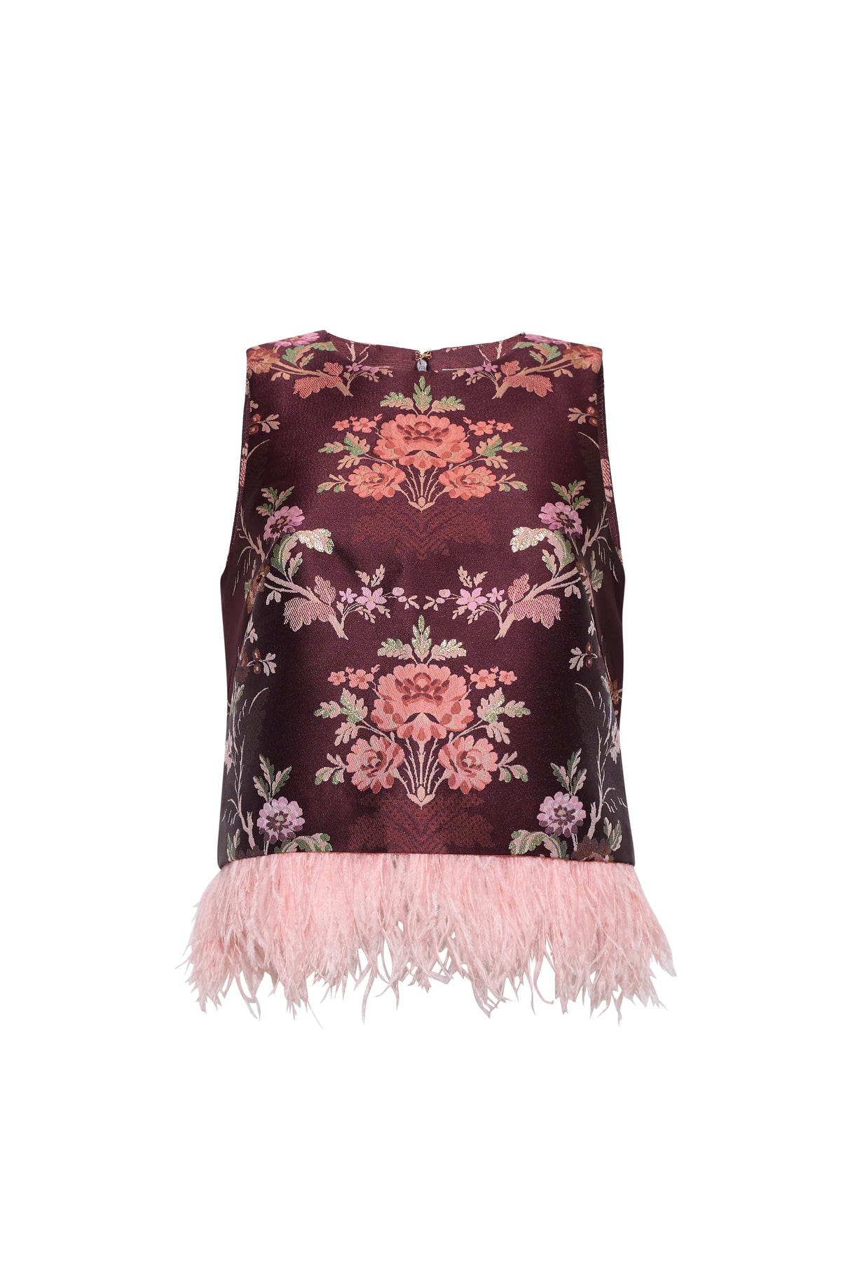 A sleeveless dark burgundy top featuring a pink and green floral brocade pattern and a light pink feather-trimmed hem, shown against a plain white background.