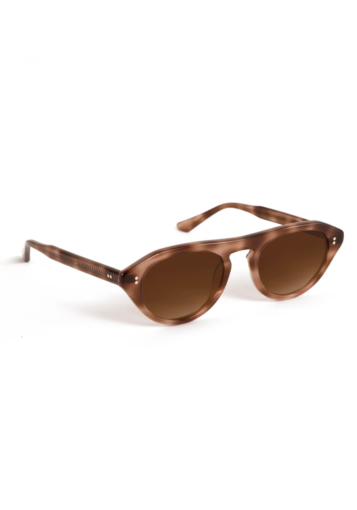 Sunglasses with tortoiseshell frame and dark lenses on a white background