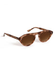 Sunglasses with tortoiseshell frame and dark lenses on a white background