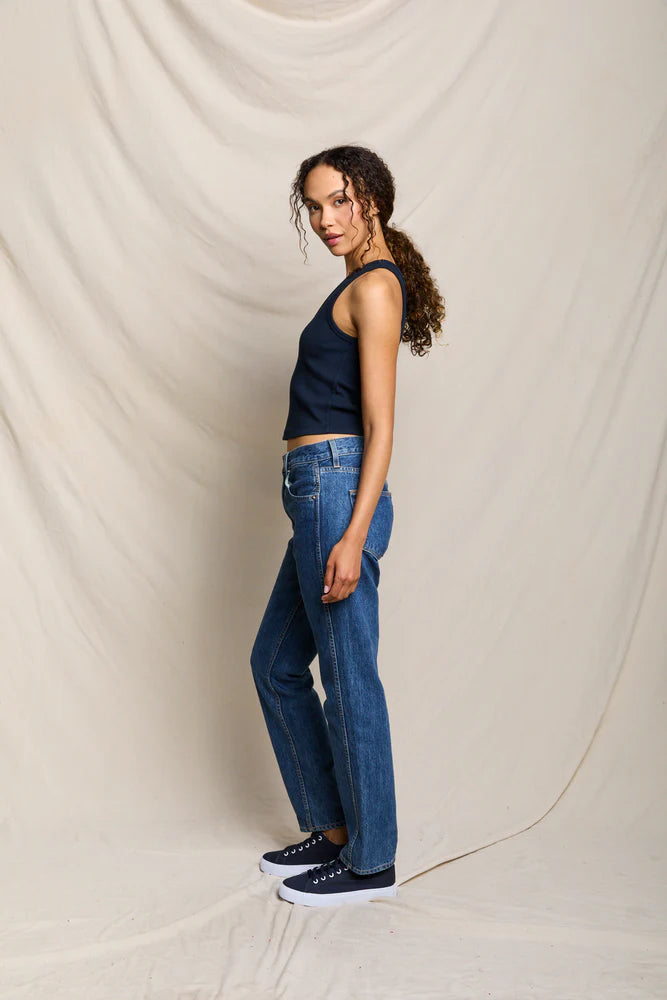 Blondie Tank in Navy side view on model