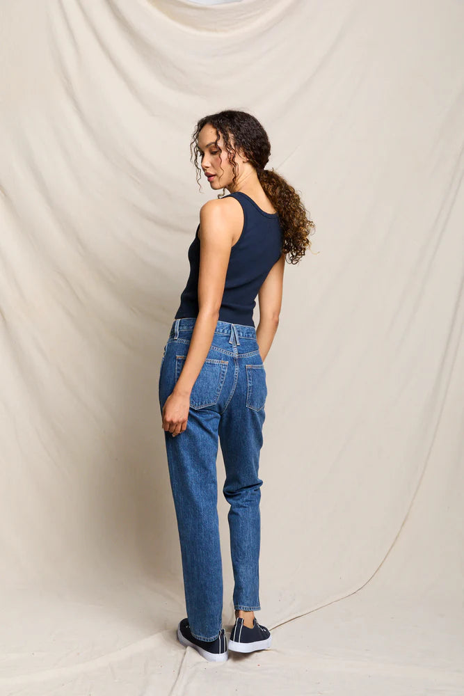 Blondie Tank in Navy back and partial side view on model
