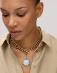 Odyssey Necklace in Baby Blue front view on model showing blue side