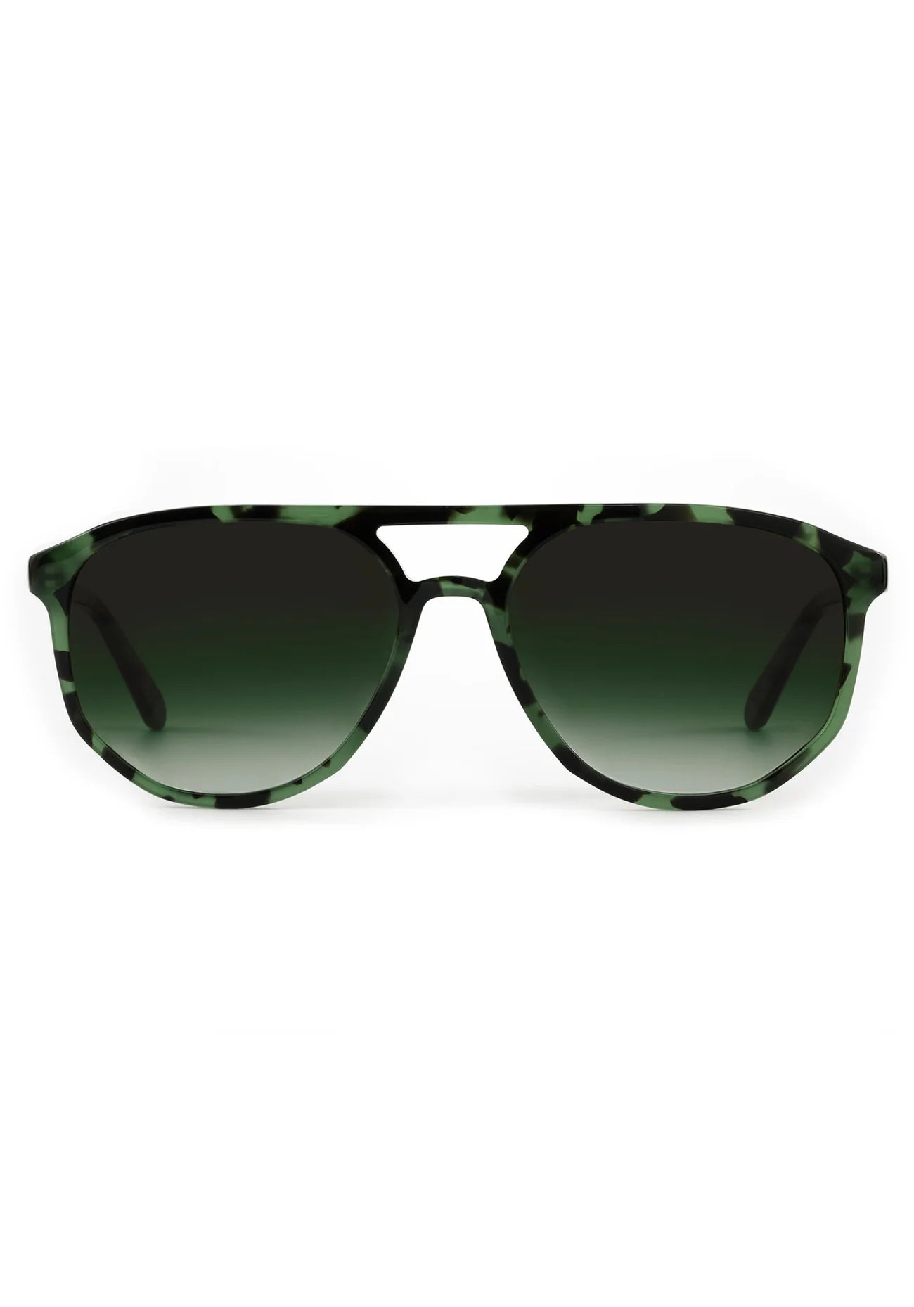 Sunglasses with green frame and gradient lenses on a white background