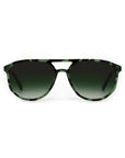 Sunglasses with green frame and gradient lenses on a white background