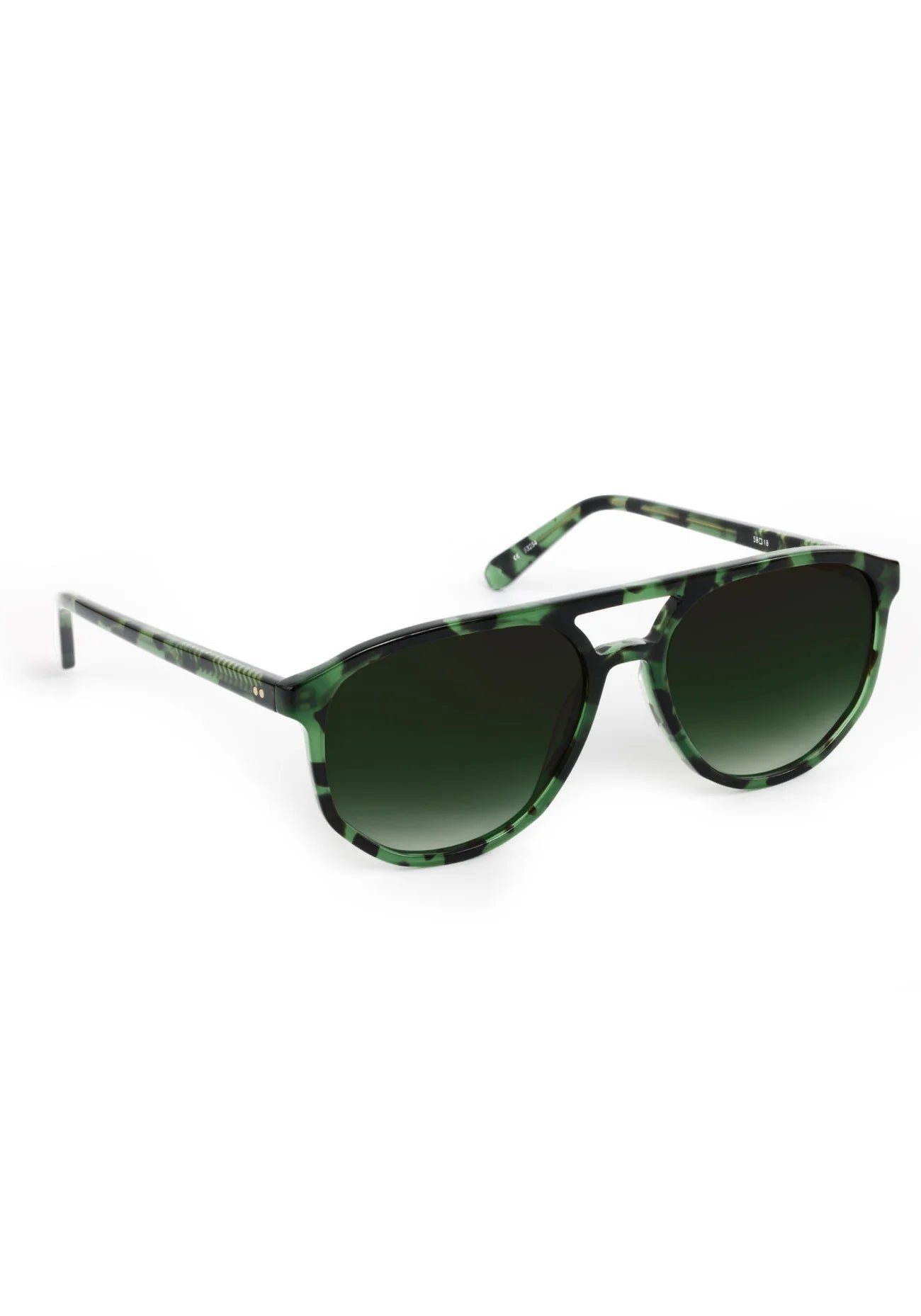Sunglasses with tortoiseshell frame and green lenses on a white background