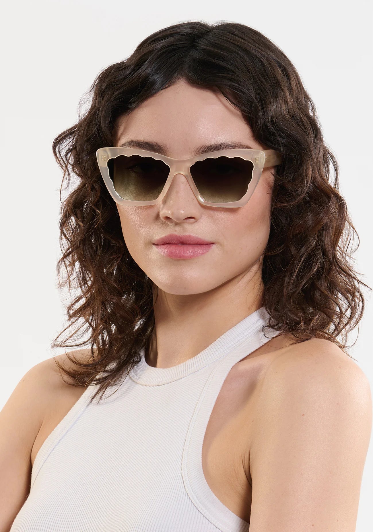 Brigette Blonde Sunglasses on model with average heart face shape