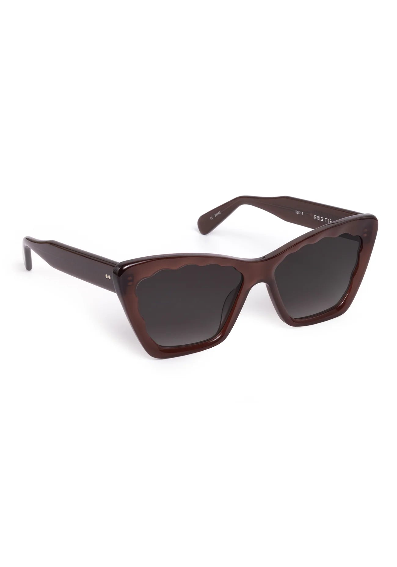 Cat-eye sunglasses with a glossy brown frame and dark gray lenses, shown on a light gray background.