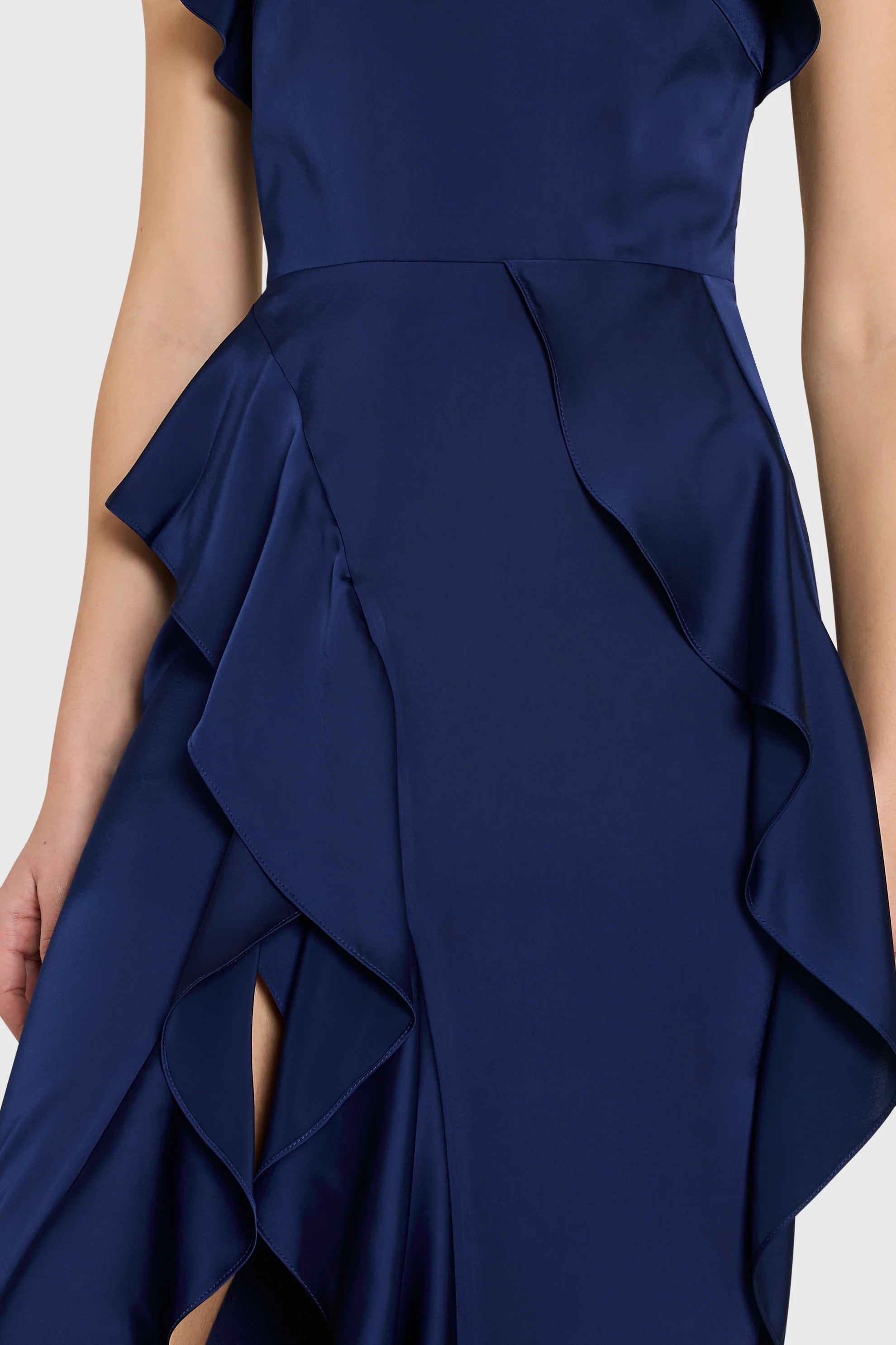 detail review of a dark blue ruffle dress