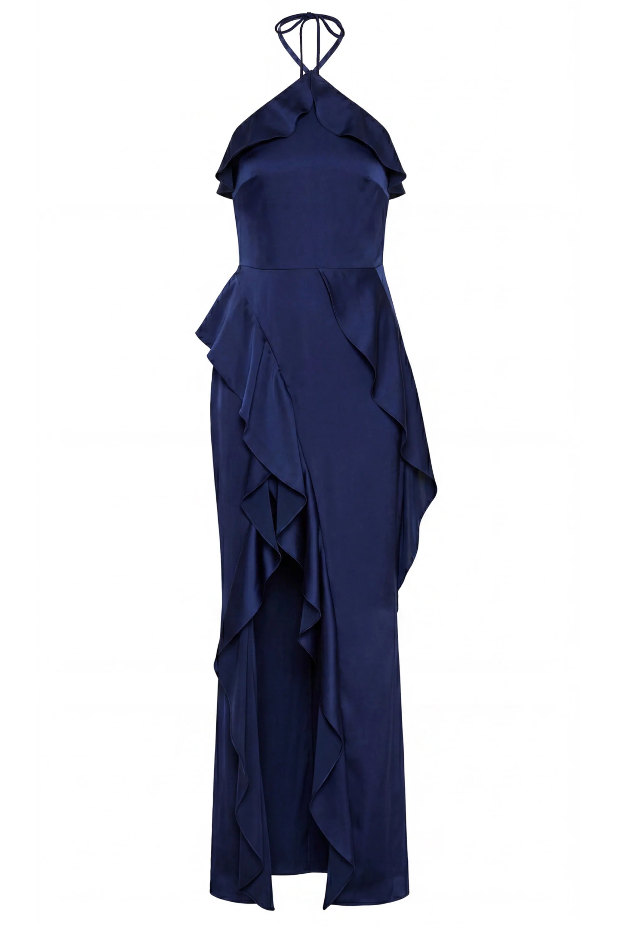 photo of a dark blue ruffled dress on a white background