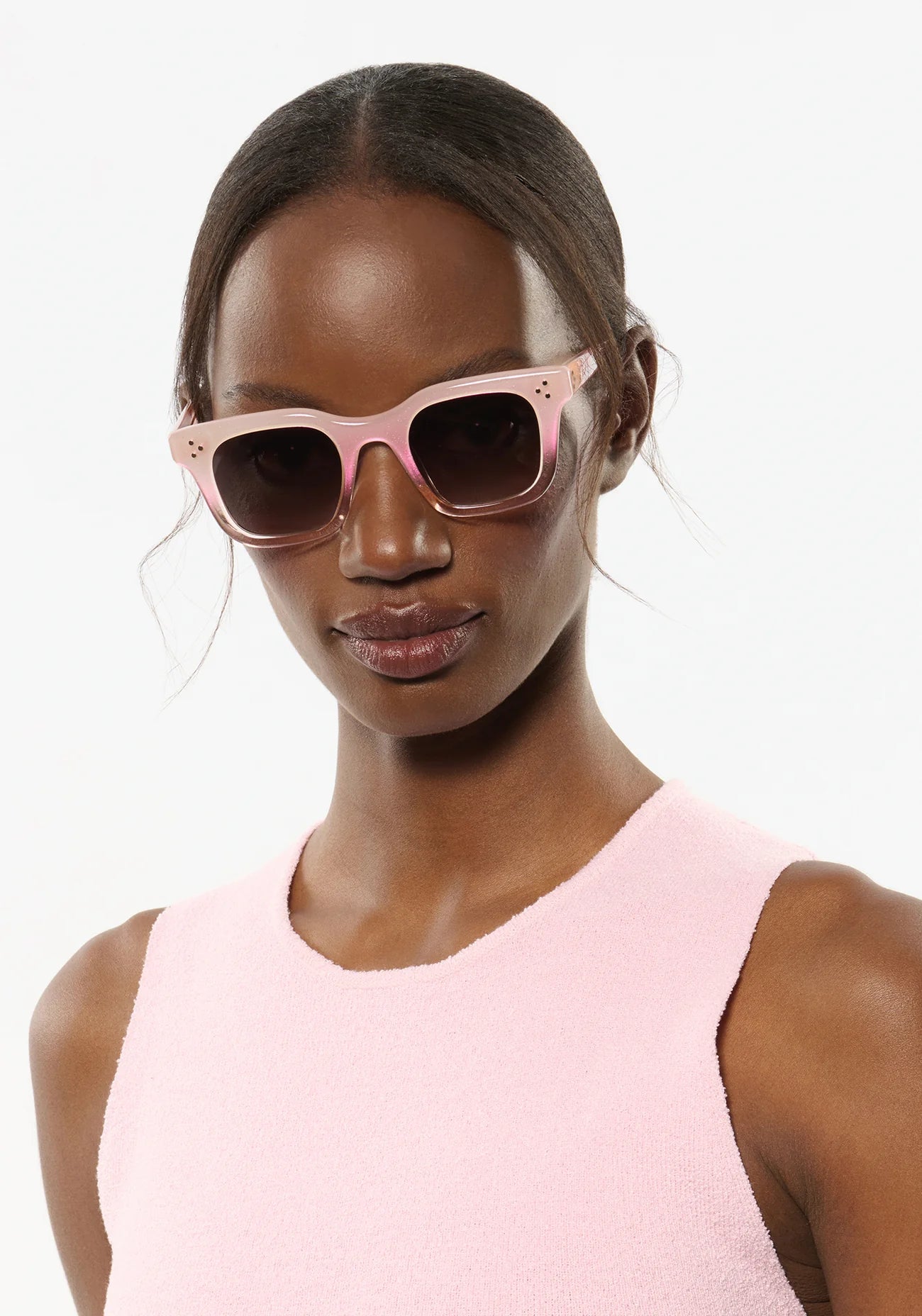 Celeste Sparkling Rose Sunglasses on model with narrow, oval face shape