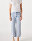 Person wearing a white t-shirt and light blue jeans on a white background
