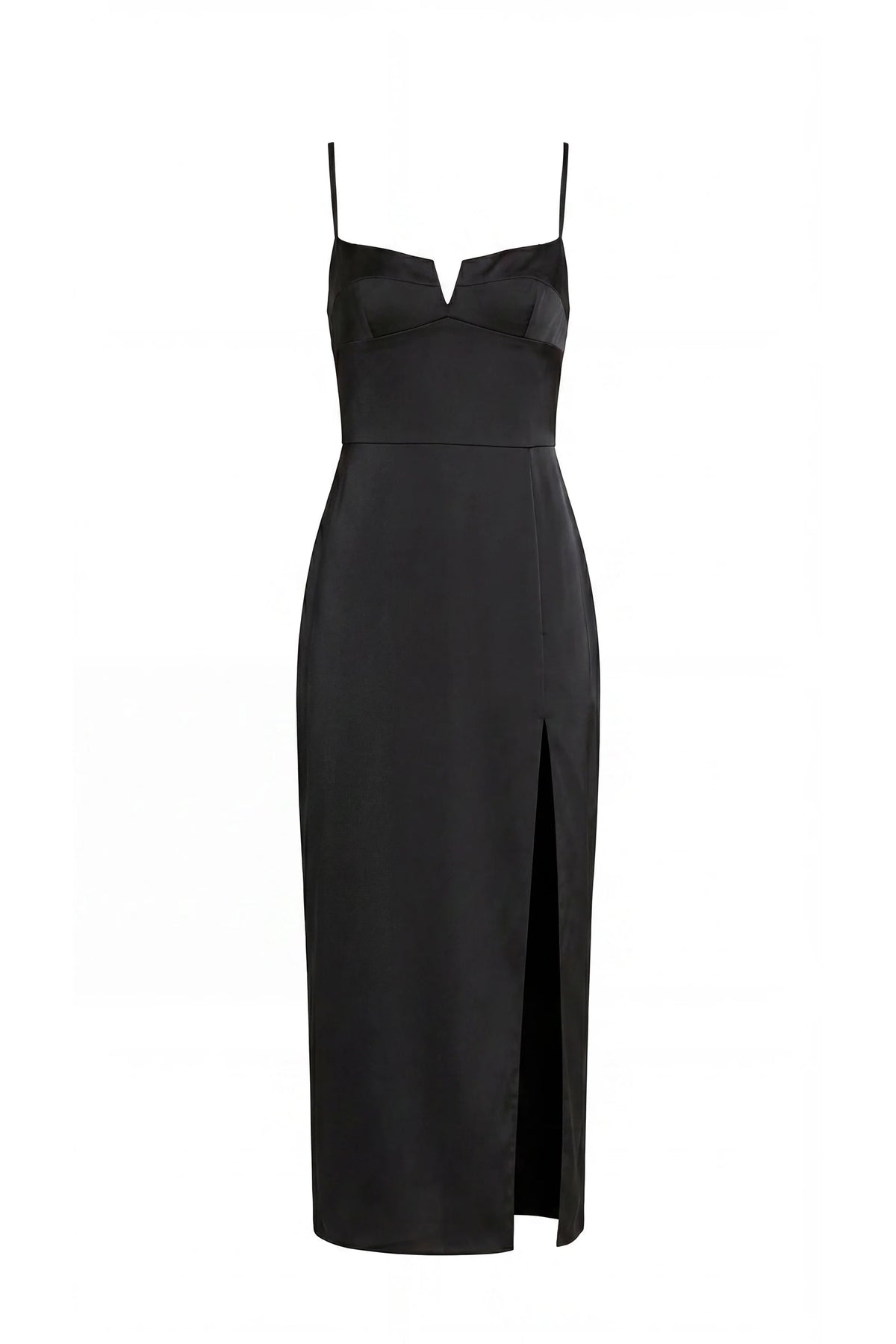 A black satin midi dress with spaghetti straps, a sweetheart neckline, and a front slit, shown on a plain white background.