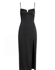 A black satin midi dress with spaghetti straps, a sweetheart neckline, and a front slit, shown on a plain white background.