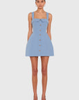 A model wearing a light blue sleeveless mini dress with a square neckline, front button closure, and structured shoulders, paired with brown pointed-toe heels against a light gray studio background.