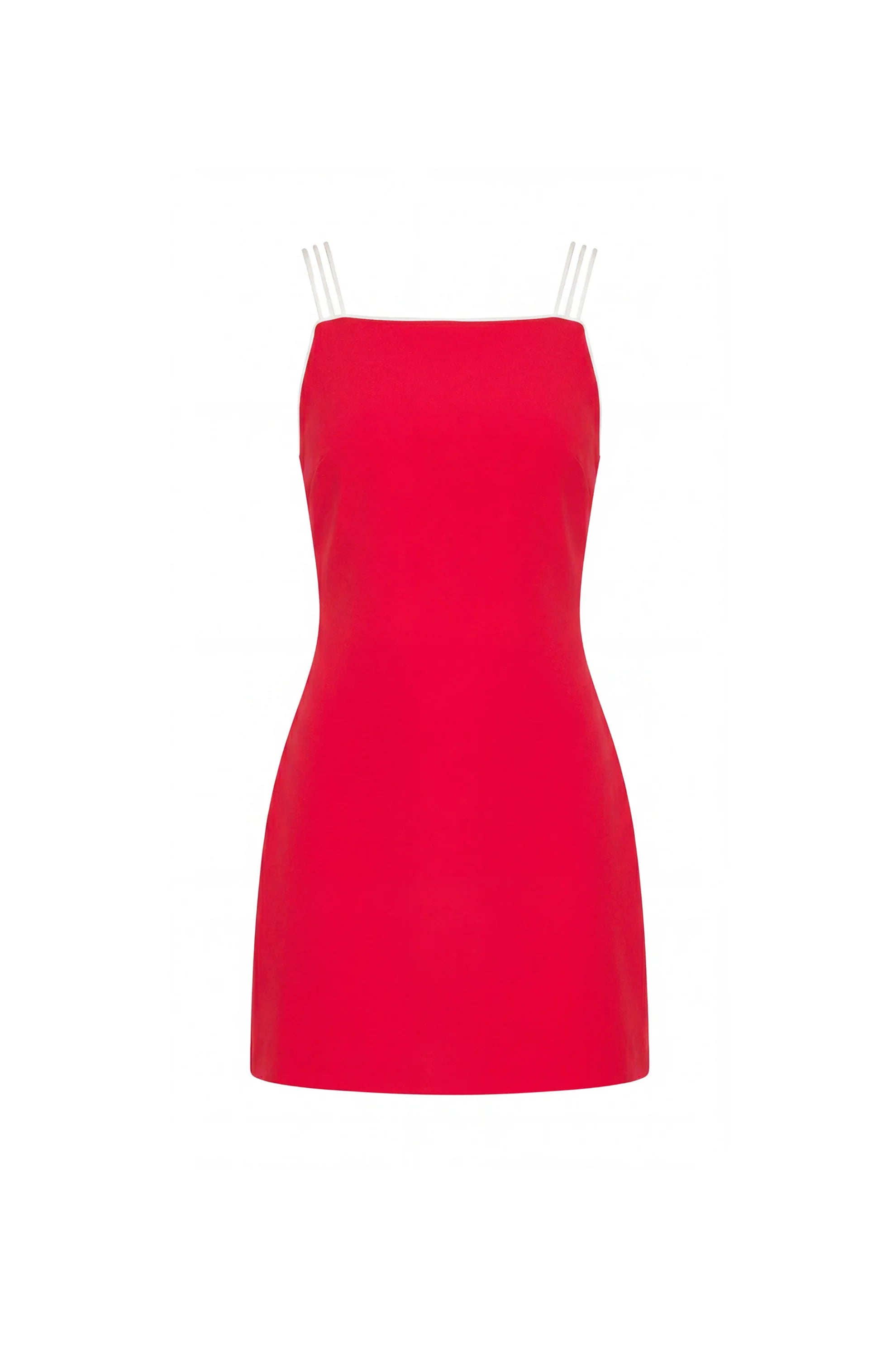 photo of a red dress with ivory straps standing on a white background