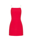 photo of a red dress with ivory straps standing on a white background