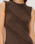 Brown sleeveless top with fringe details on a white background