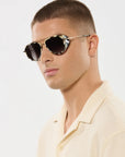 Man wearing aviator sunglasses and a light-colored shirt against a plain background