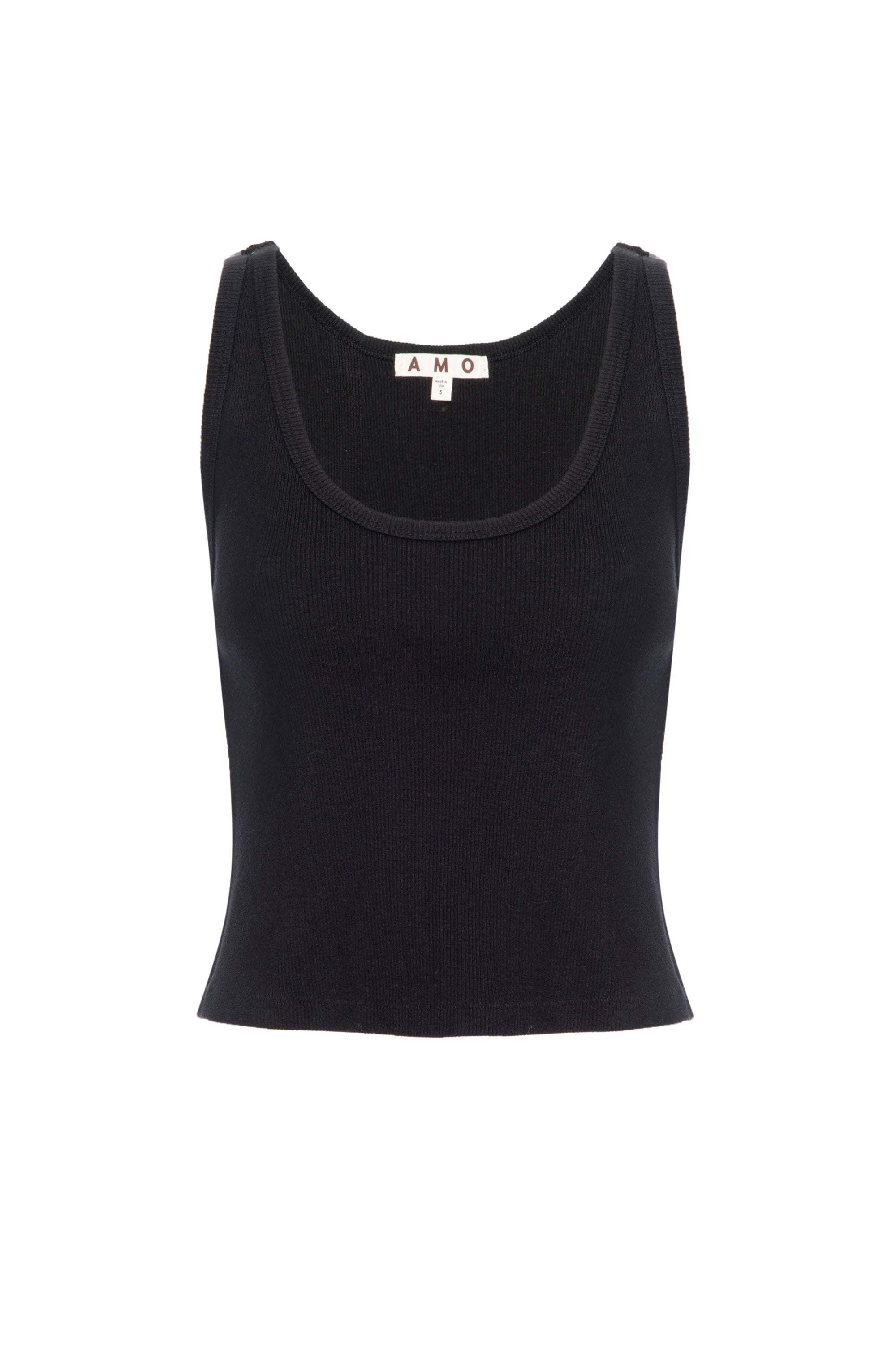 Black tank top with 'AMO' label on a white background
