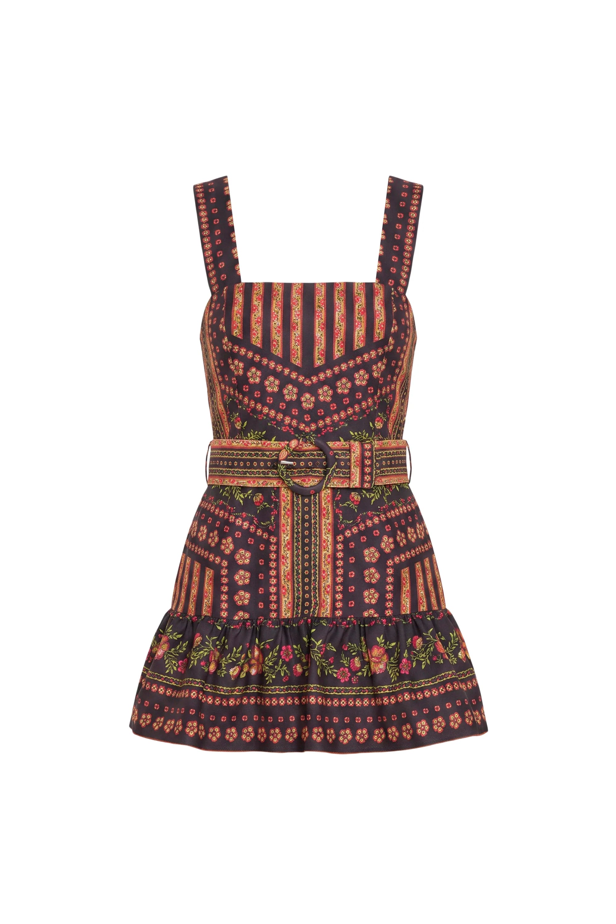 A sleeveless mini dress with a wide shoulder strap, featuring a geometric and floral bohemian pattern in orange, red, green, and black. It includes a matching fabric belt with a decorative metal buckle at the waist.
