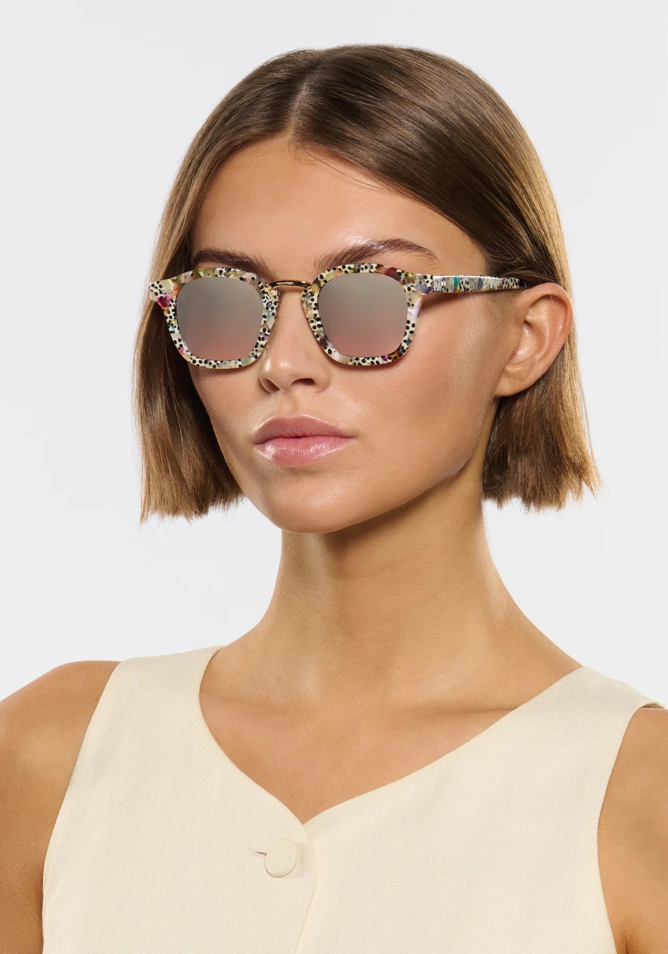 Campbell Granita 18k Mirrored Sunglasses on model with average oval face shape