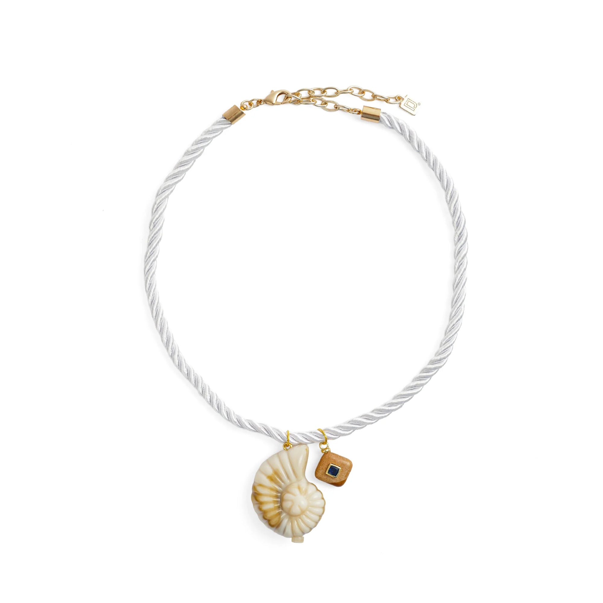 Necklace with shell pendant and gold accents on a white background
