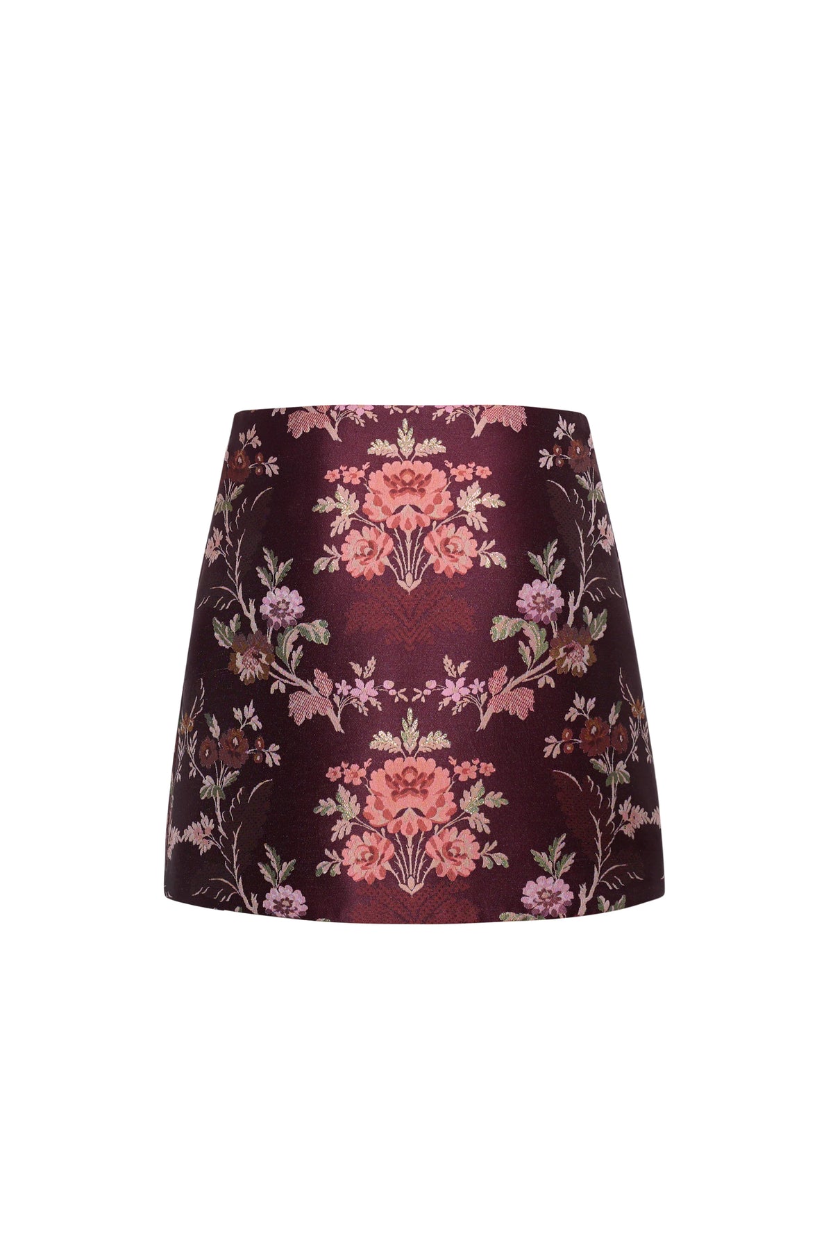 A structured A-line mini skirt in a dark burgundy brocade fabric with a pink and beige floral pattern, shown against a plain white background.
